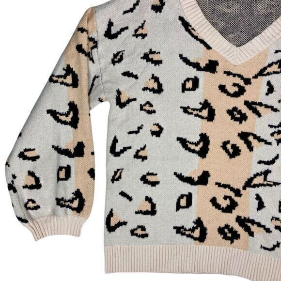 Dress Up Sweater Women Large Beige Orange V-Neck Cheetah Print Oversize Pullover - Picture 3 of 16